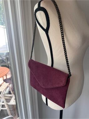 J.CREW Genuine Suede Leather Envelope Shoulder Bag Purse Clutch Burgundy Plum